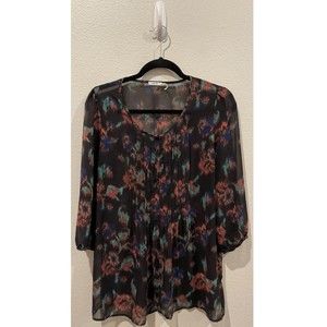KIMCHI BLUE Black Multicolor 3/4 Sleeve Sheer Blouse